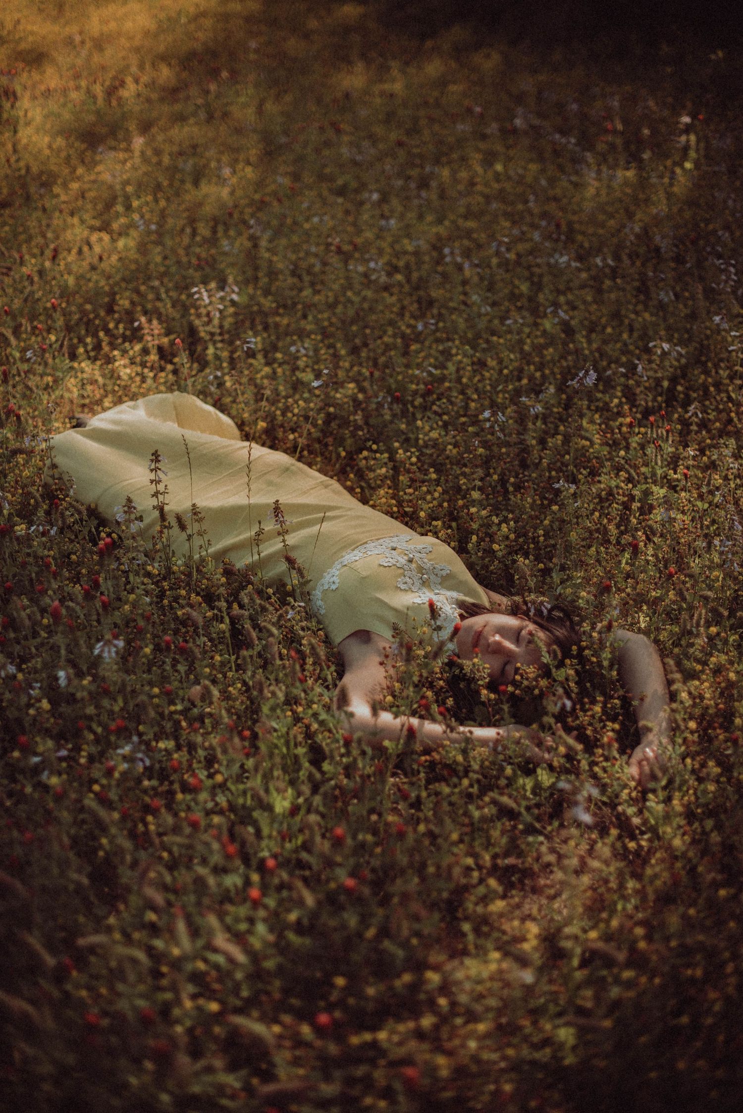 A portrait of a girl laying in a flower field with a yellow dress on.