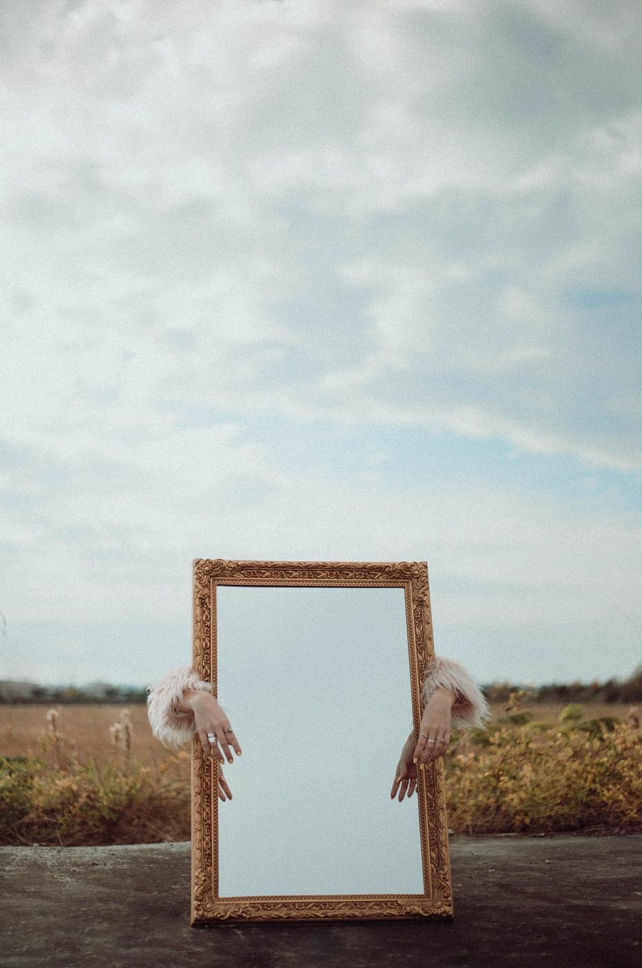A portrait of someone holding a mirror in a field.