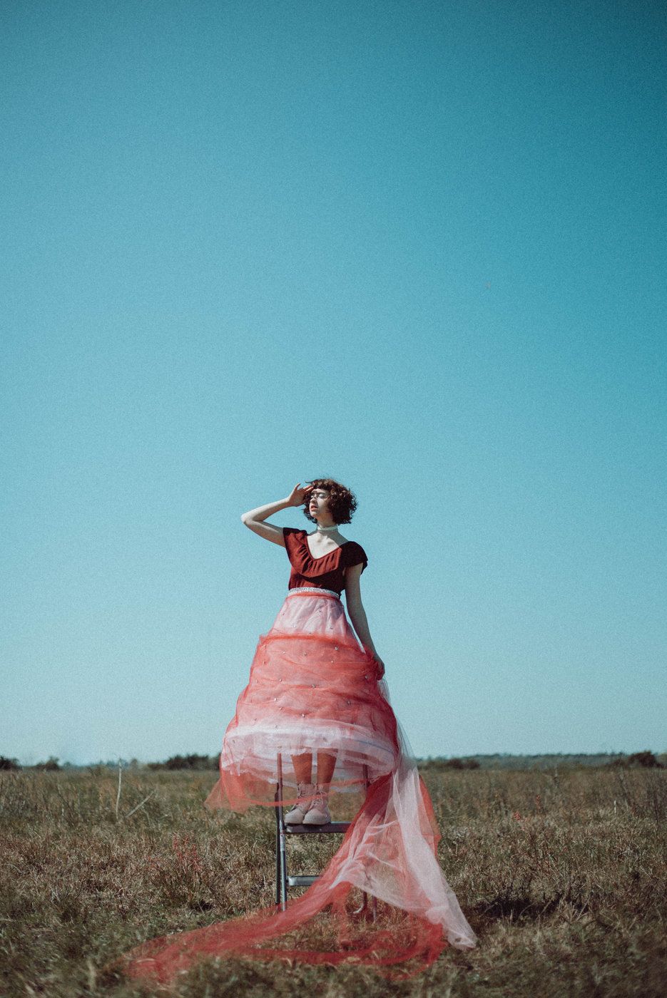 A portrait of a girl with a long skirt on standing on a stool in an open field.
