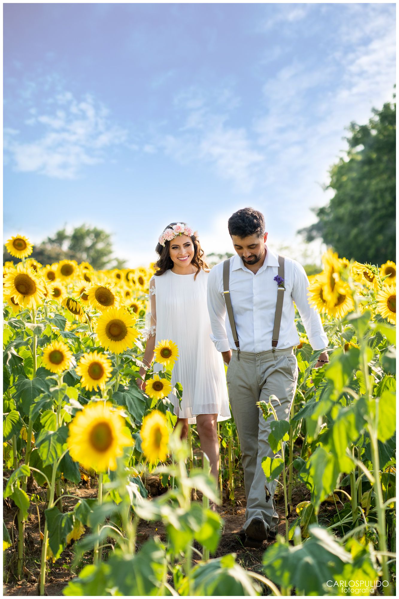 A romantic photoshoot in a vibrant sunflower field with bright blue skies and lush greenery in the background.