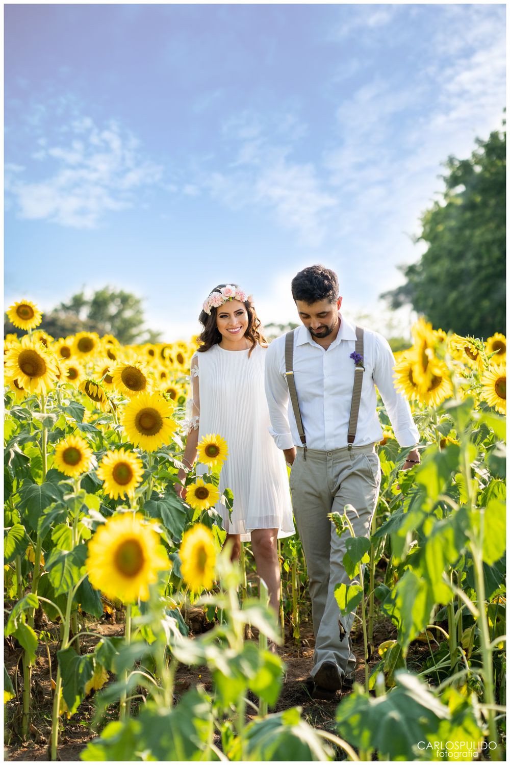 A romantic photoshoot in a vibrant sunflower field with bright blue skies and lush greenery in the background.