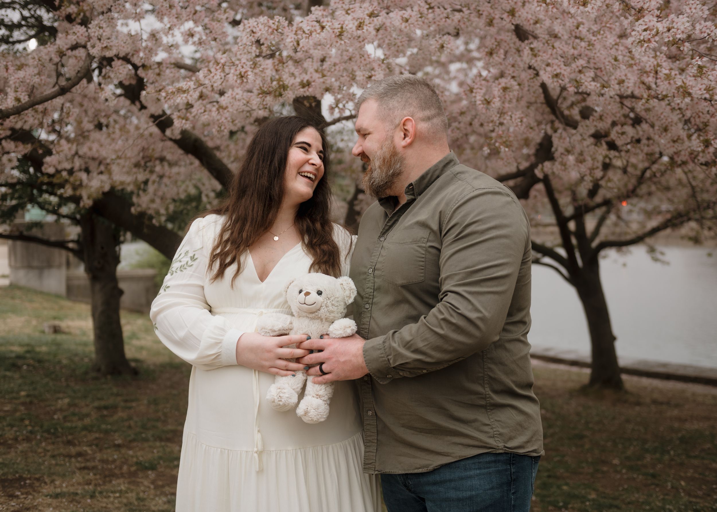 A couple shares a tender moment beneath blooming cherry blossom trees while holding a white teddy bear.