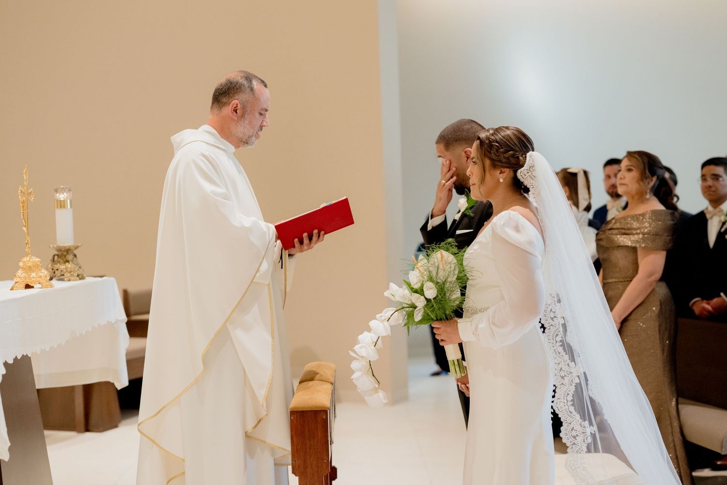 A collage of elegant wedding ceremony moments showing candlelit decorations and formal attire.