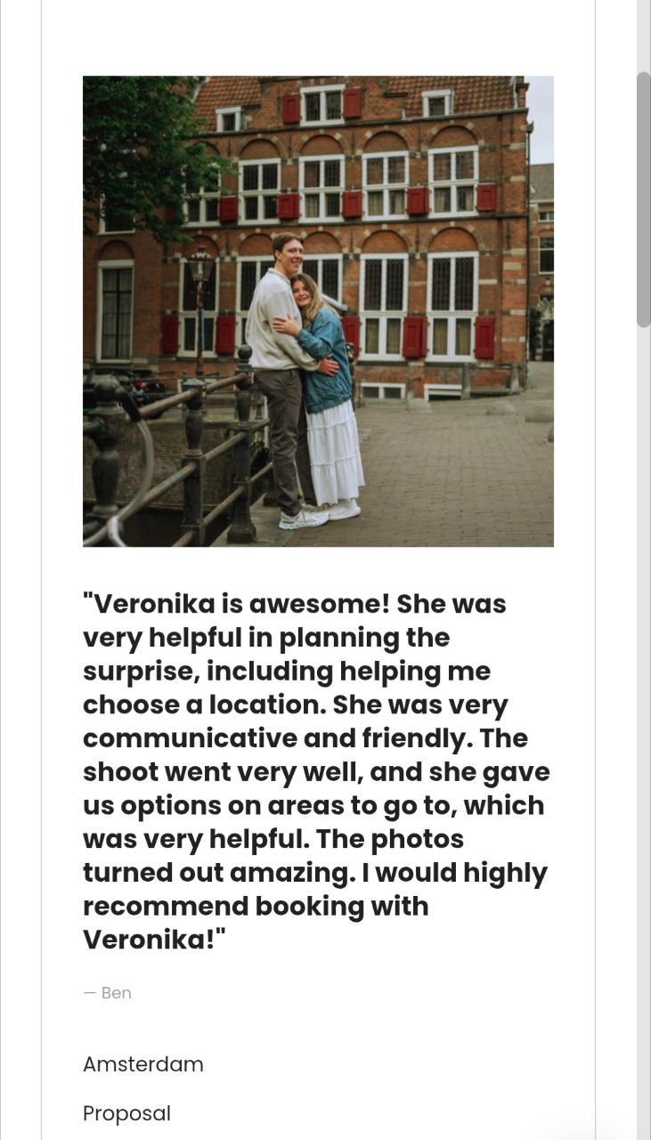 Customer testimonial with brick building backdrop showing appreciation for photographer's service.