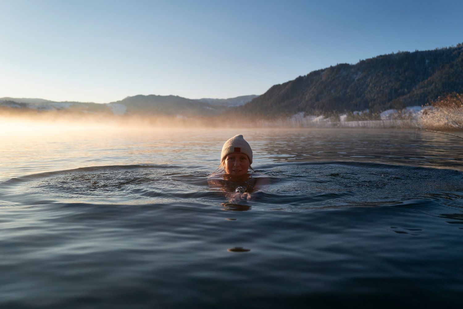 Landscape photography, cold-water swimmer. Location: Unteraegeri, CH. Photo by Dayle Prowse.
