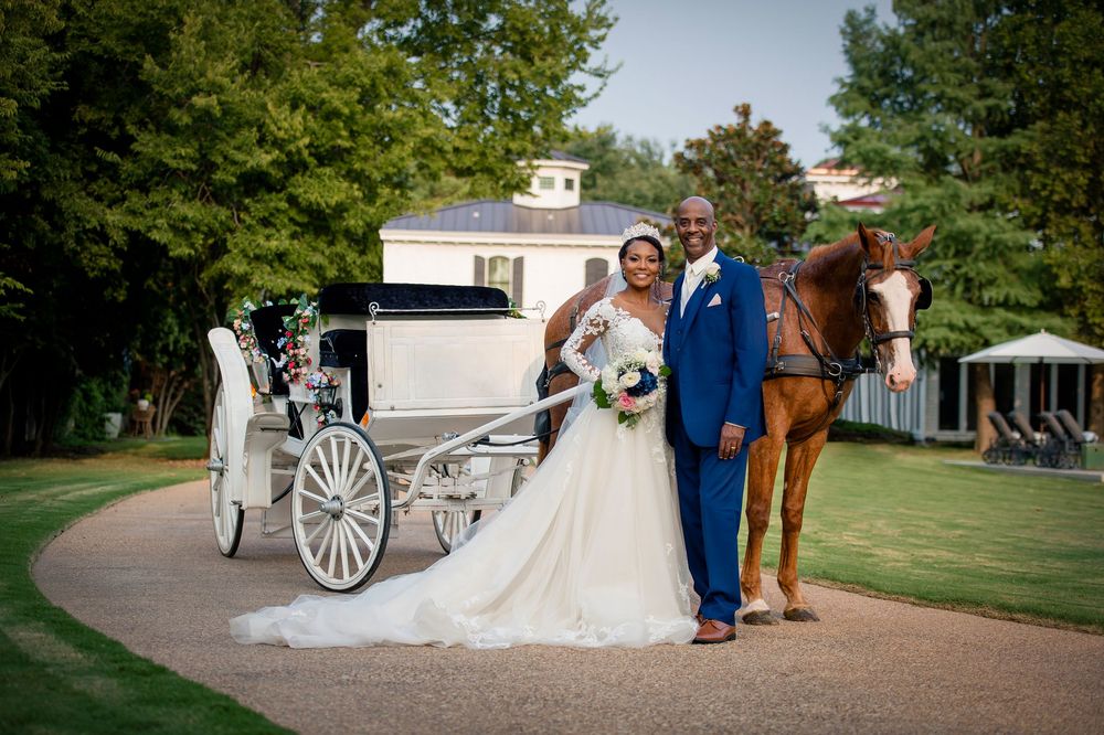 White horse-drawn carriage stands beside engaged couple and guests at an outdoor wedding ceremony in a lush garden setting.