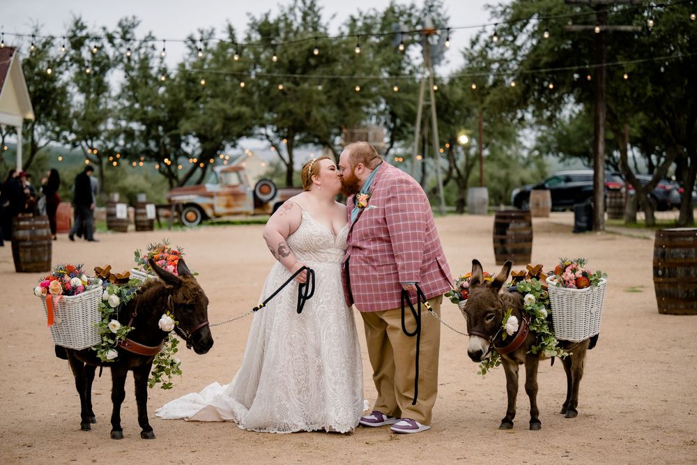 A series of candid outdoor wedding photographs showing couples posing on a dirt path amid trees and greenery.