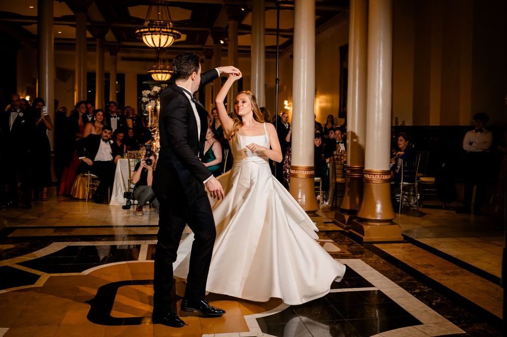 A sequence of candid wedding reception moments showing a couple dancing together in an elegant ballroom setting.