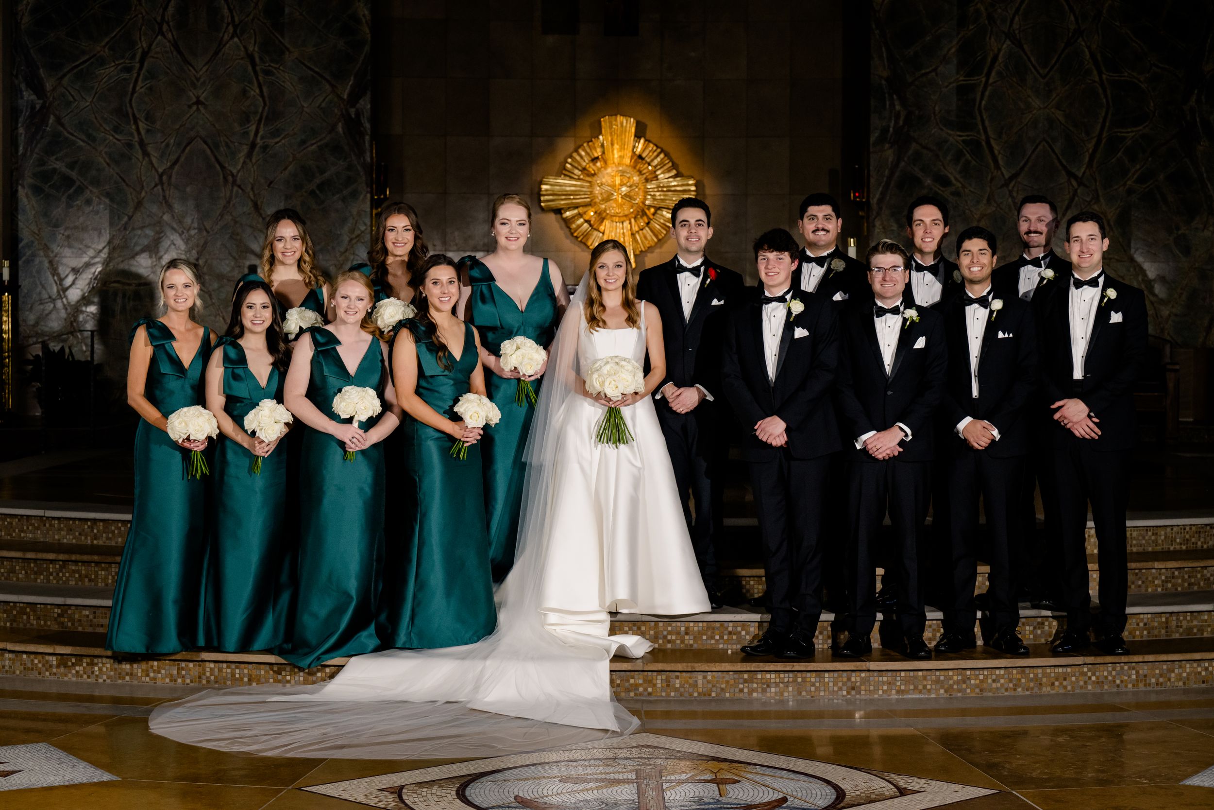 Seven dark horizontal images showing a wedding party lineup in formal attire including teal bridesmaid dresses and black tuxedos.