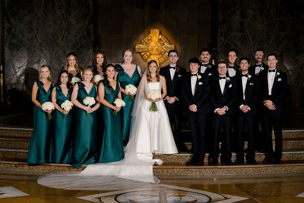 Seven dark horizontal images showing a wedding party lineup in formal attire including teal bridesmaid dresses and black tuxedos.