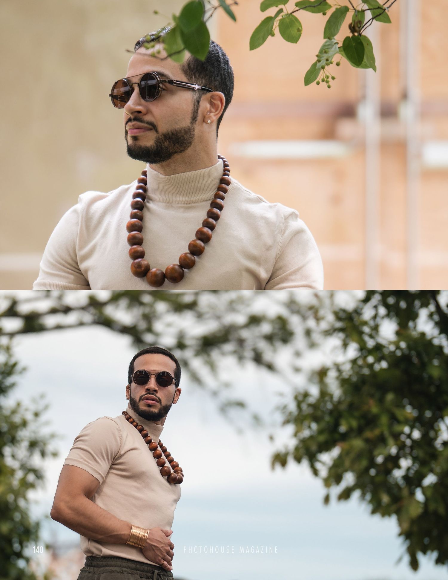 Urban fashion photography showcasing casual beige outfit with wooden beaded necklace and sunglasses.