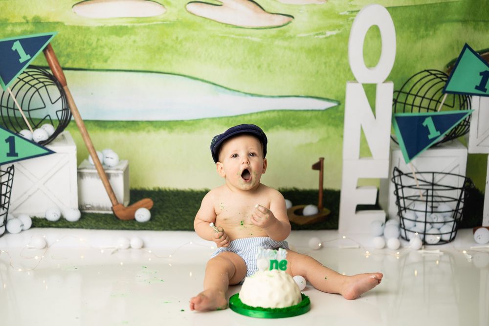 A series of photos showing a baby's progression through a swimming lesson in a pool with green walls.
