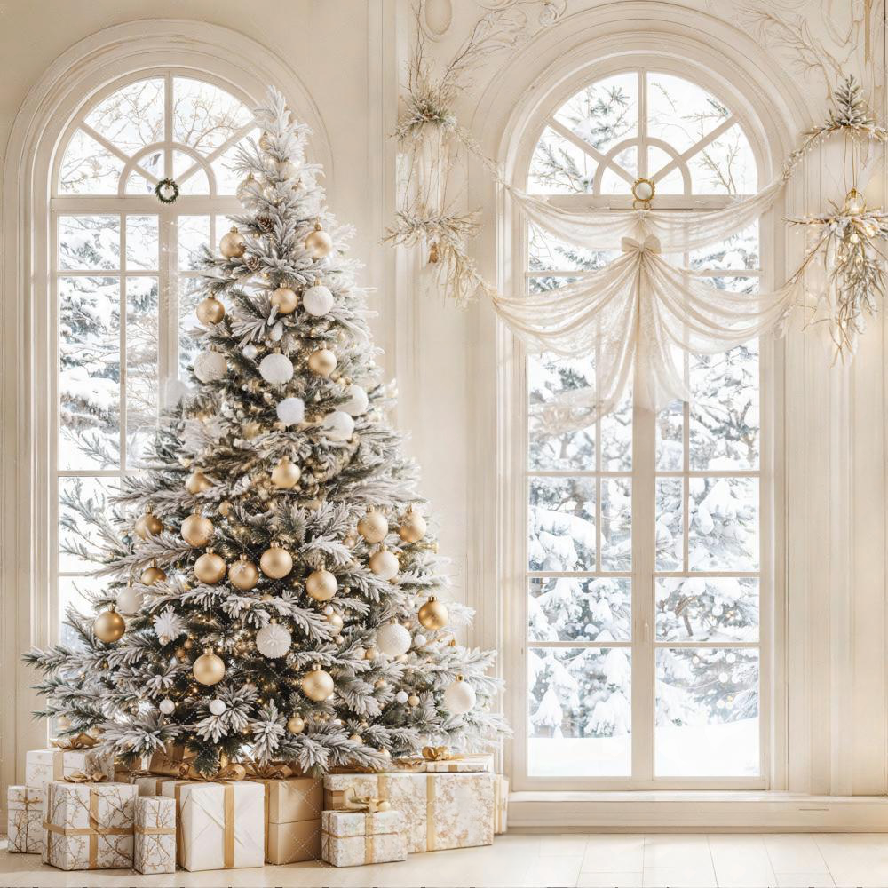 Elegant white room with arched windows and multiple decorated Christmas trees with wrapped presents.