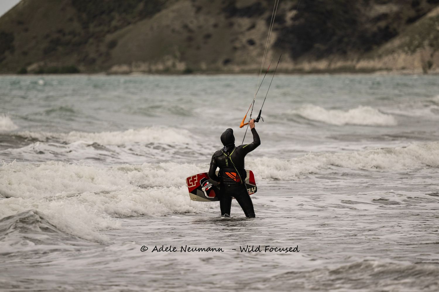 Kitesurfer in wetsuit wading through ocean waves with kite overhead, rugged coastal hills in background.