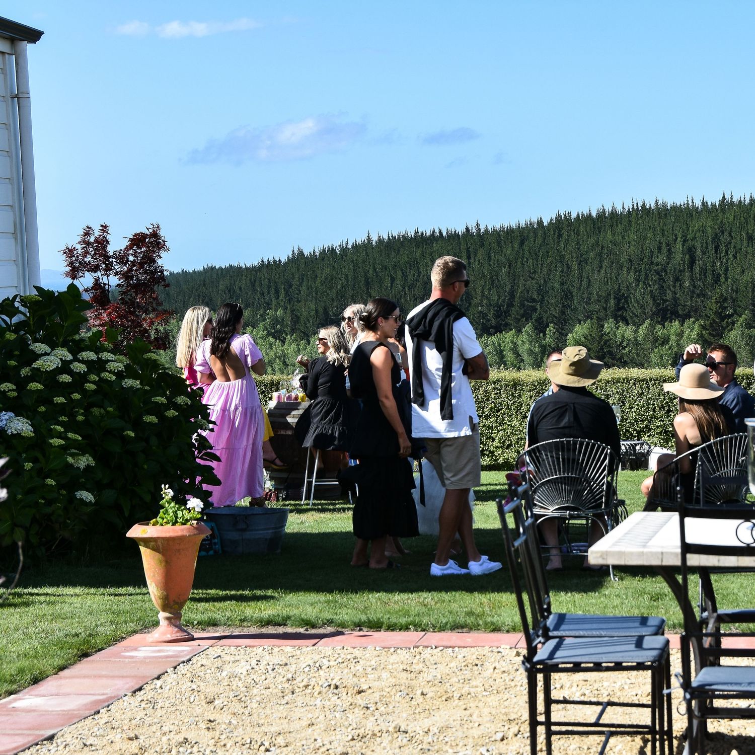 Guests mingle outdoors on a sunny day at a scenic garden with lush green forest hills in the background.