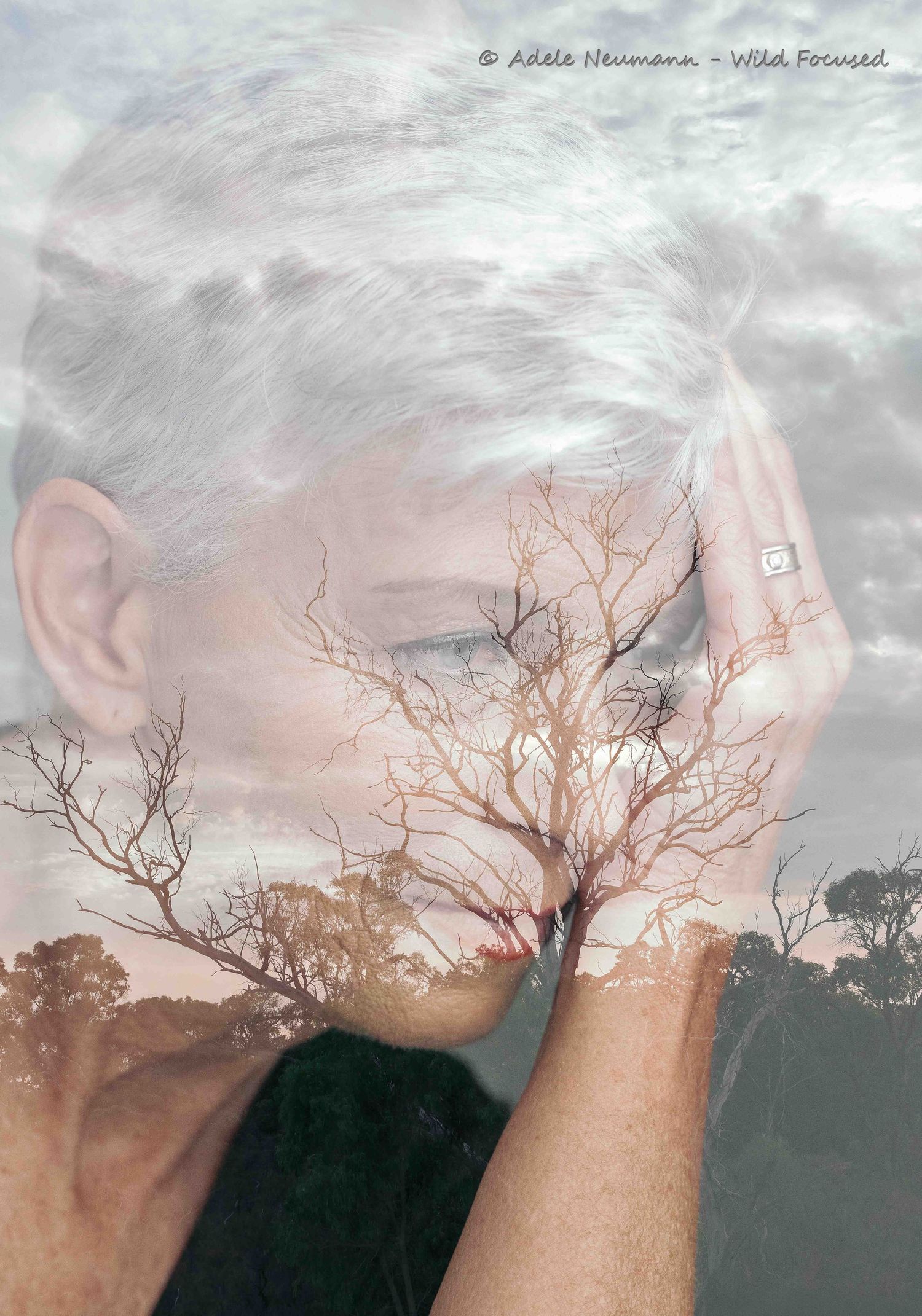 Double exposure portrait of a woman with short grey hair blended with bare trees and cloudy sky landscape.