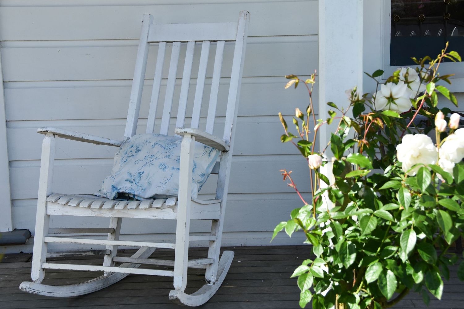 White wooden rocking chair with blue pillow on a porch beside blooming white roses.