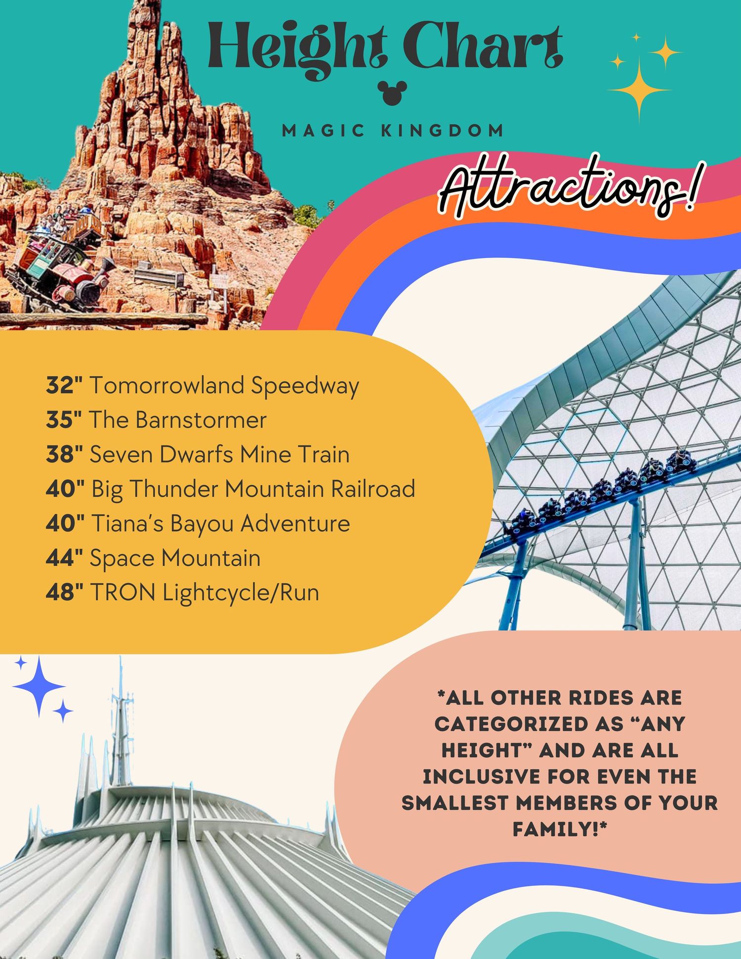 Disney Magic Kingdom attraction height requirements chart showing rides from 32" to 48" with rainbow design and castle silhouette.