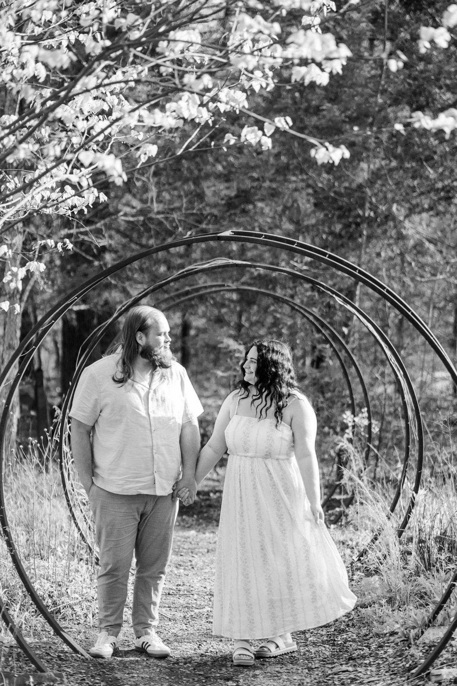 Couple holding hands under metal arch sculpture surrounded by autumn trees in golden light. morgantown botanical garden engagement spring wv