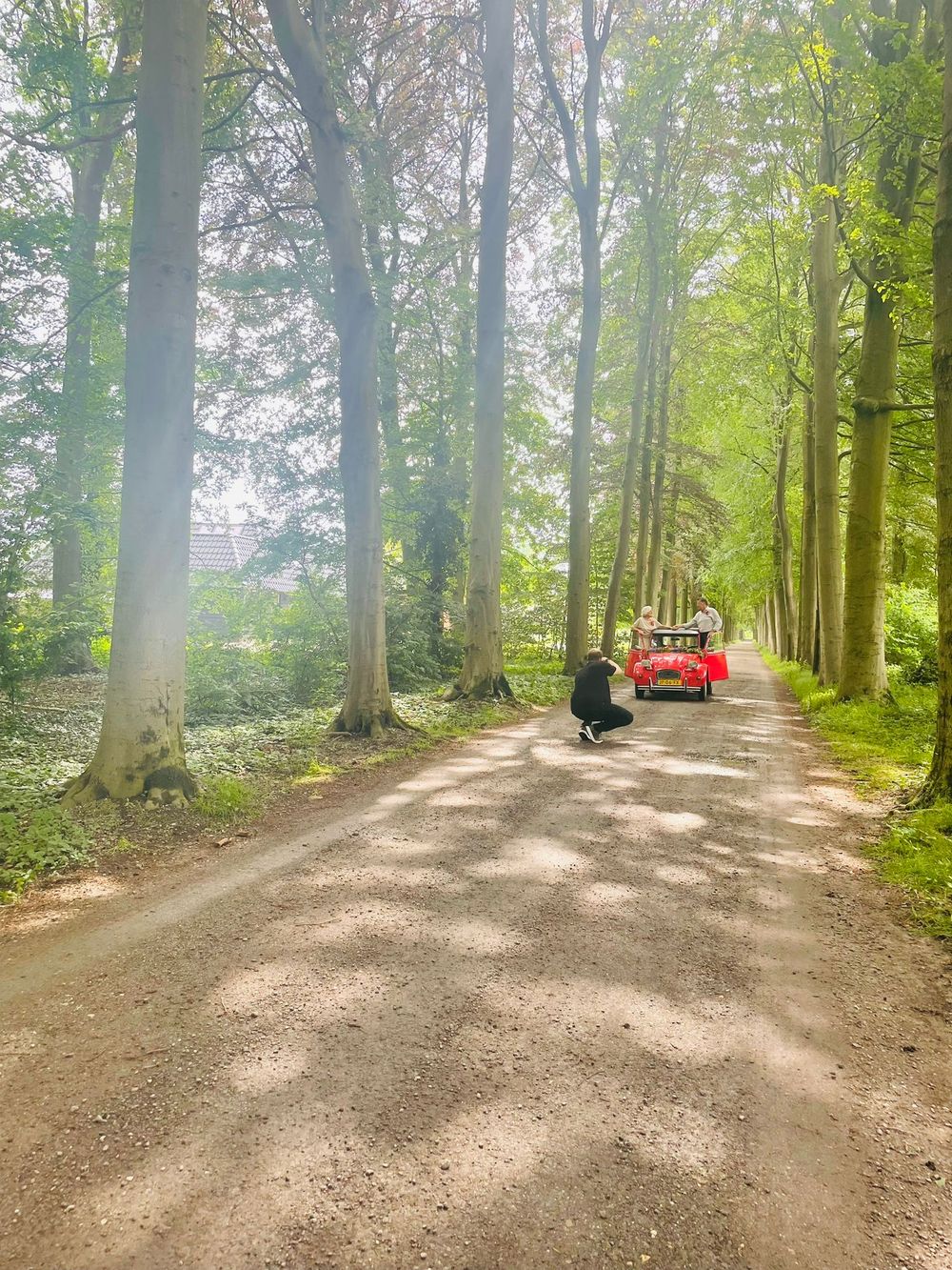 Een bruidsfotograaf hurkt op een met bomen omzoomd pad en legt een rode oldtimer vast waarin het bruidspaar zit.