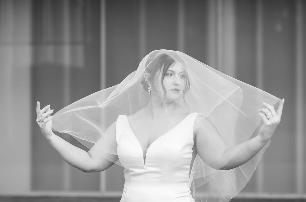 Bride in white gown lifting sheer veil overhead in elegant black and white wedding portrait photo.