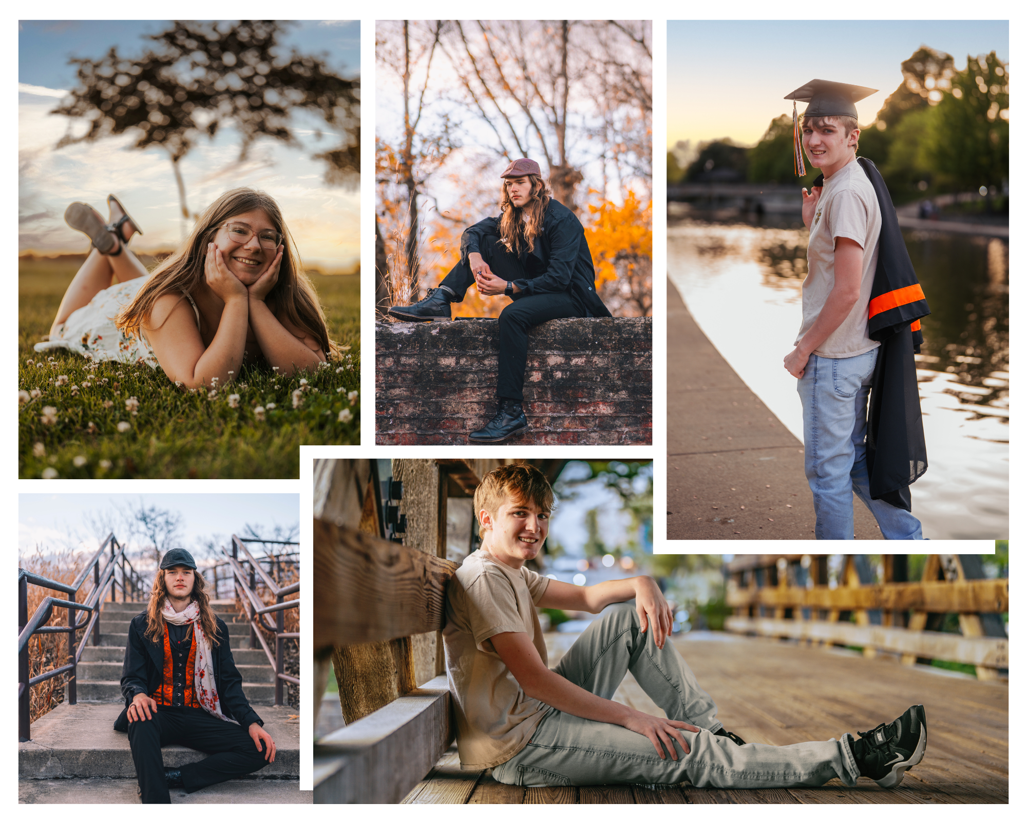 A collage of five senior graduation photos featuring young adults posing outdoors in casual and cap-and-gown attire.