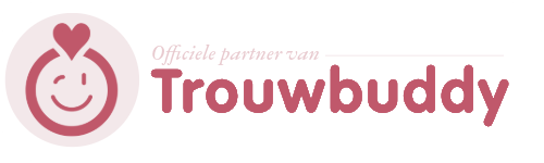 Officiële partner van Trouwbuddy logo, featuring a smiling face icon with a heart, in pink and white colors.