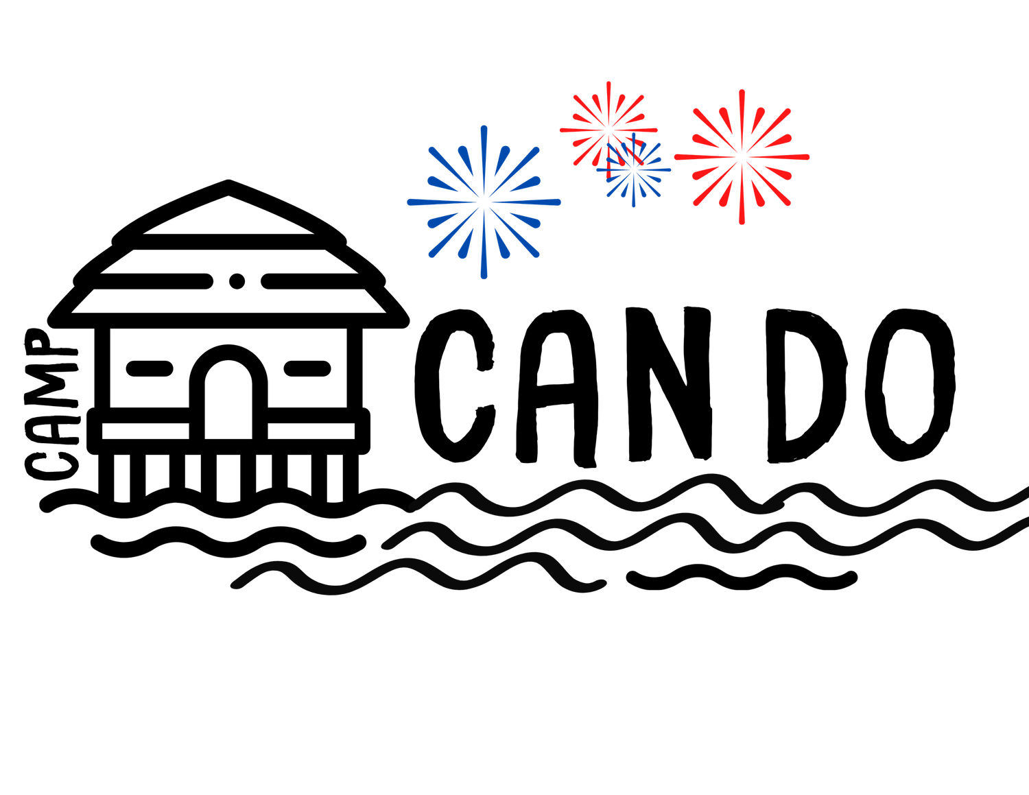 Camp Can Do logo featuring a tiki hut over water with wavy lines and blue fireworks on white background.