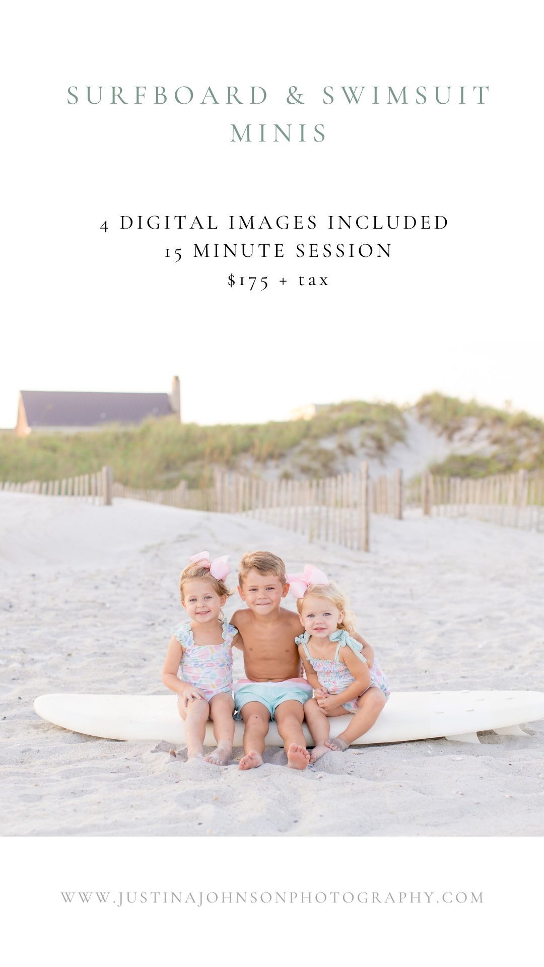 Three children sit on a surfboard on a sandy beach in swimsuits, promoting Surfboard & Swimsuit Minis photography sessions.