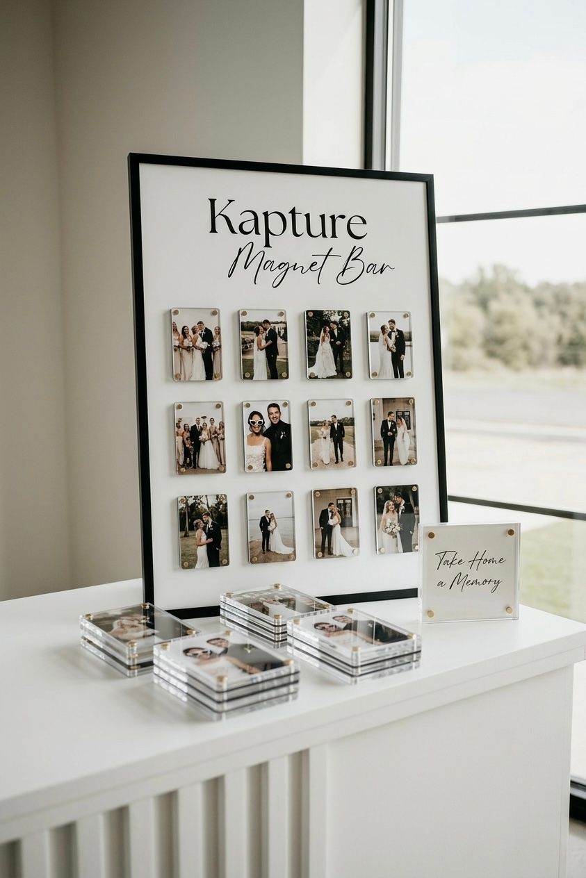 Kapture Magnet Bar wedding photo display with framed couple portraits and acrylic magnet sets on a white table.