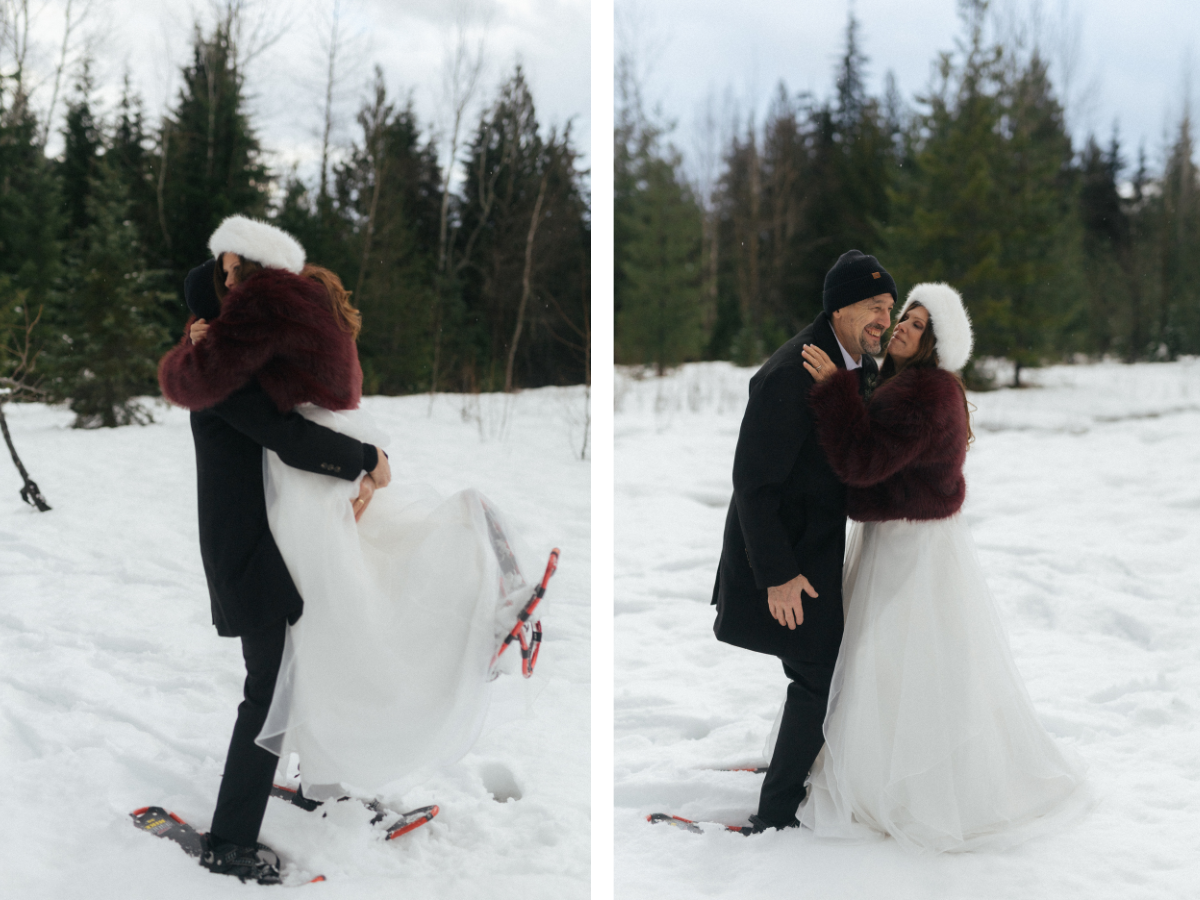 groom picks up bride in her snowshoes and they both laugh