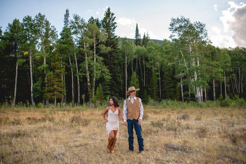 People walking through scenic fields and forest paths at sunset captured in a series of atmospheric outdoor photos.