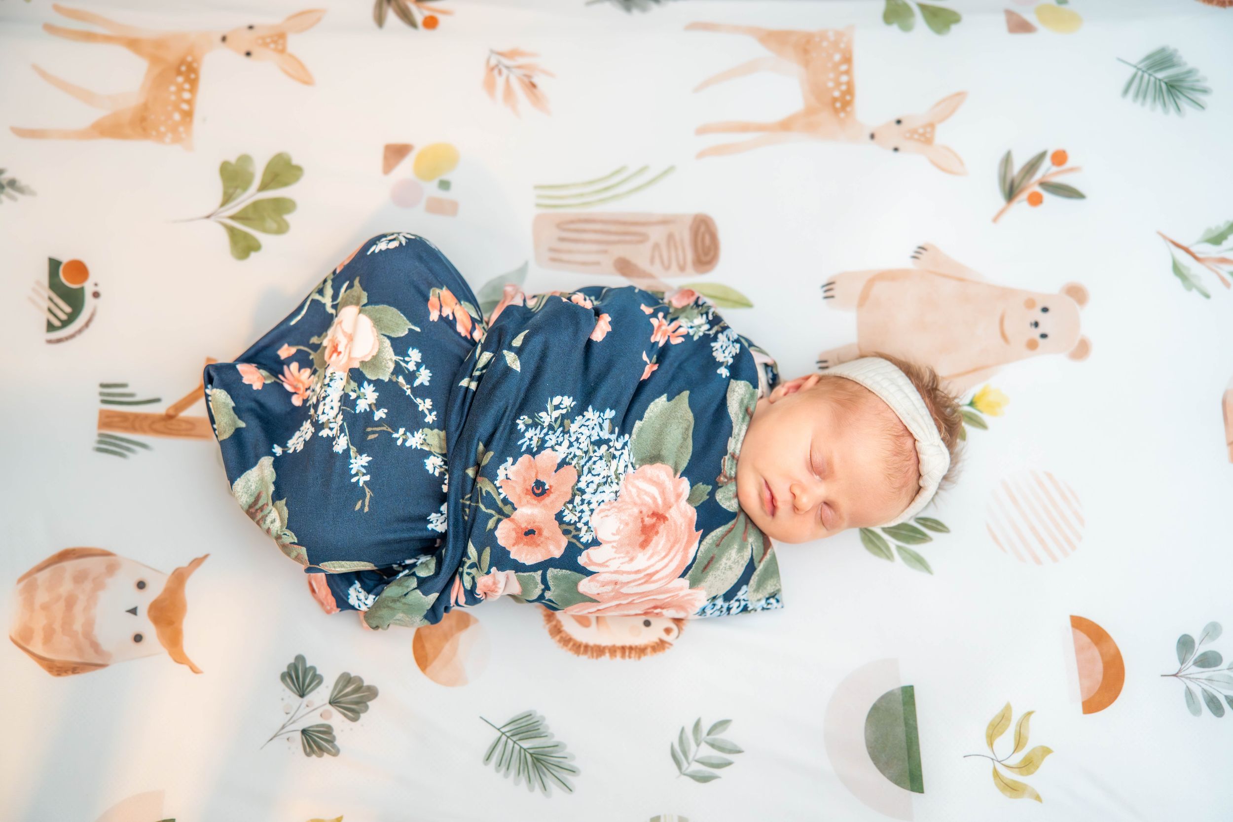 Five feminine newborn photos in soft peach and blue tones featuring floral backdrops and delicate swaddle wraps. Quad Cities Newborn Photogr