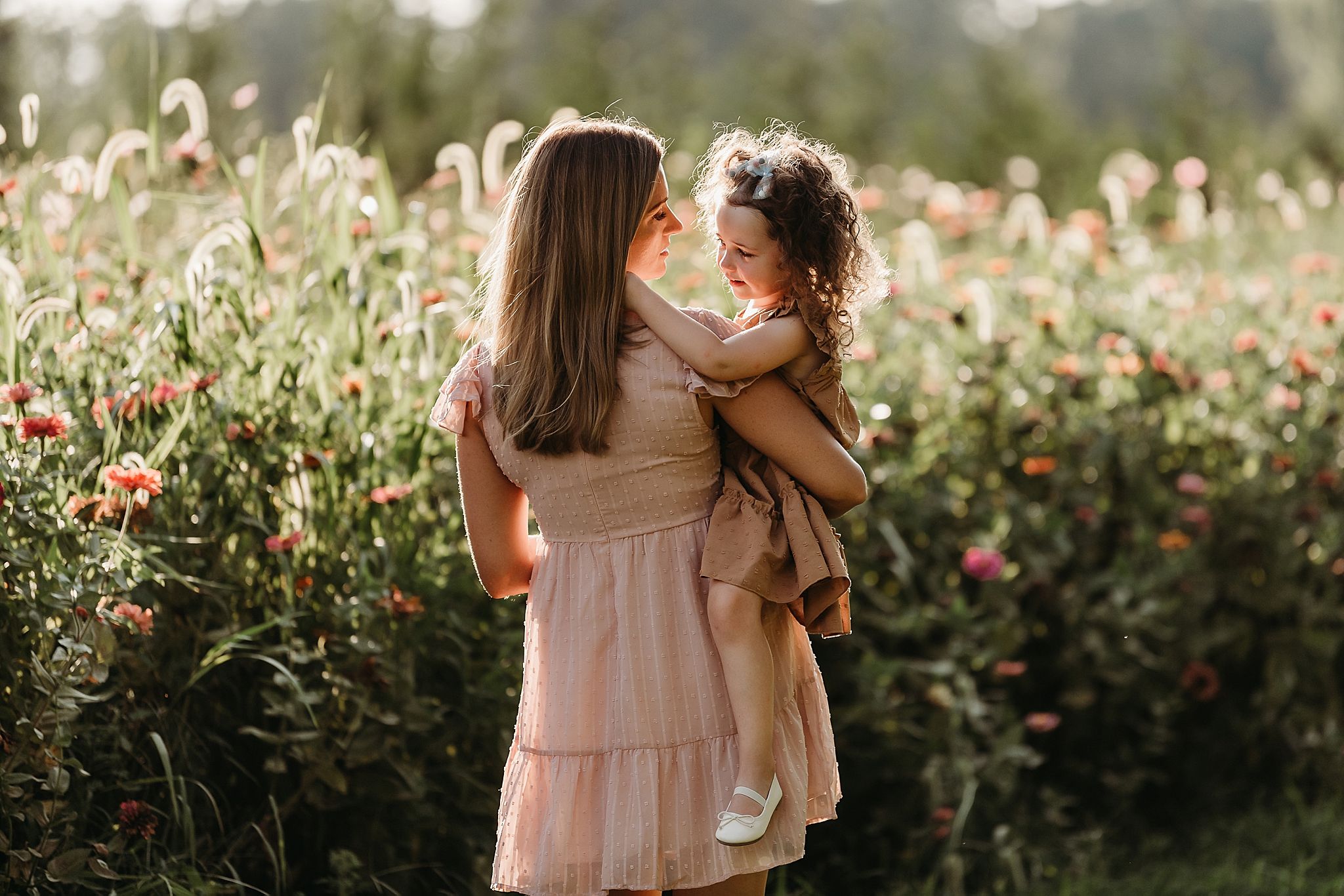 A tender moment captured in a flower field at sunset with soft golden light illuminating blooming red flowers.