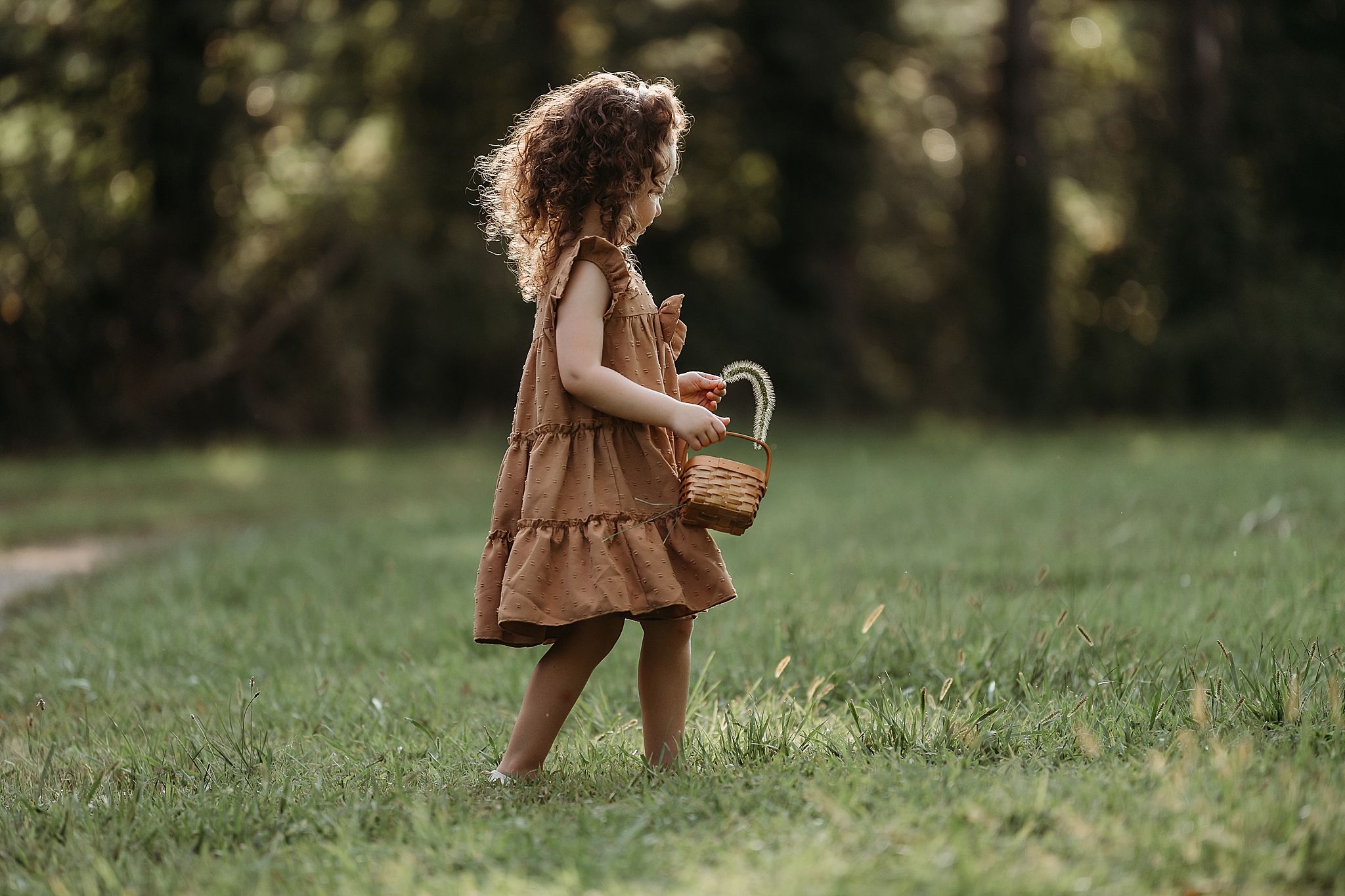 A child in a brown ruffled dress walks through a sunlit meadow carrying a woven basket on a summer afternoon.