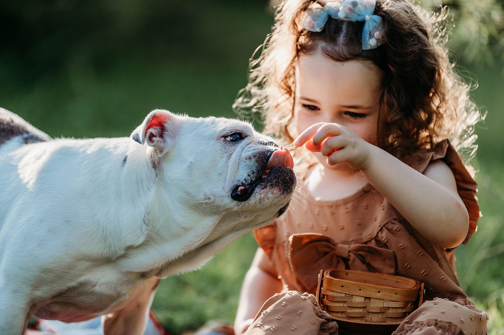 Sweet images showing tender moments between a child and their gentle white dog in an outdoor garden setting.