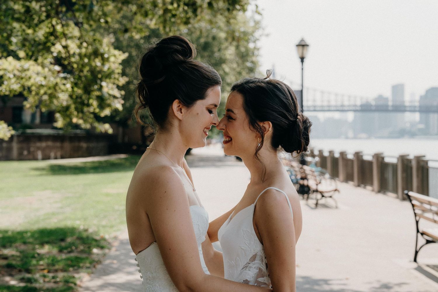 Couple in formal wedding attire sharing intimate moments at the Sanctuary Roosevelt Island NYC