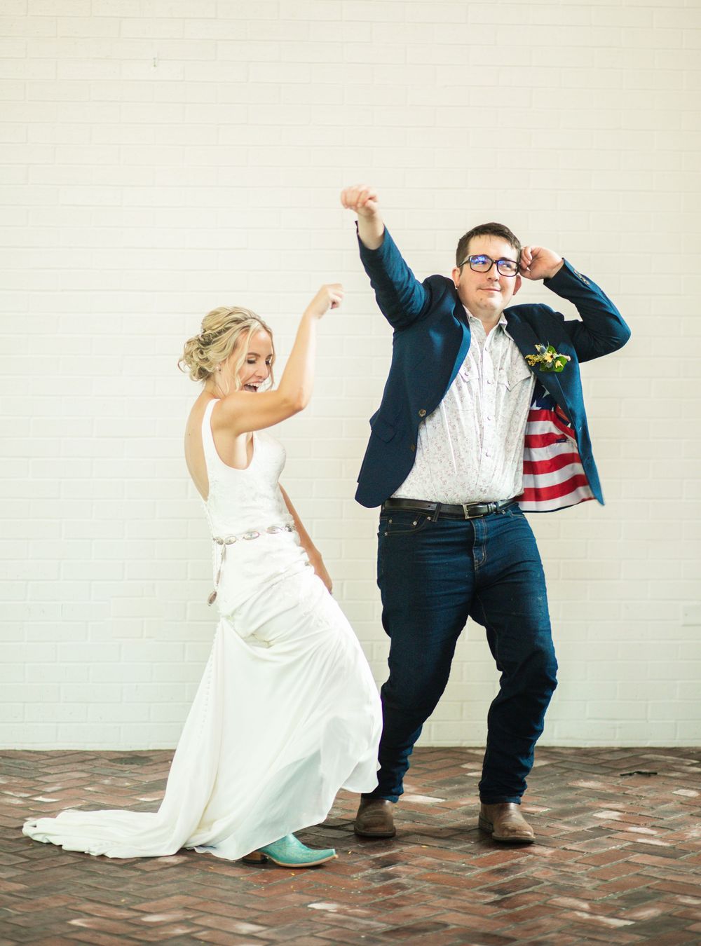 A fun sequence of dance moves showing a playful wedding couple celebrating their special day on a brick patio.