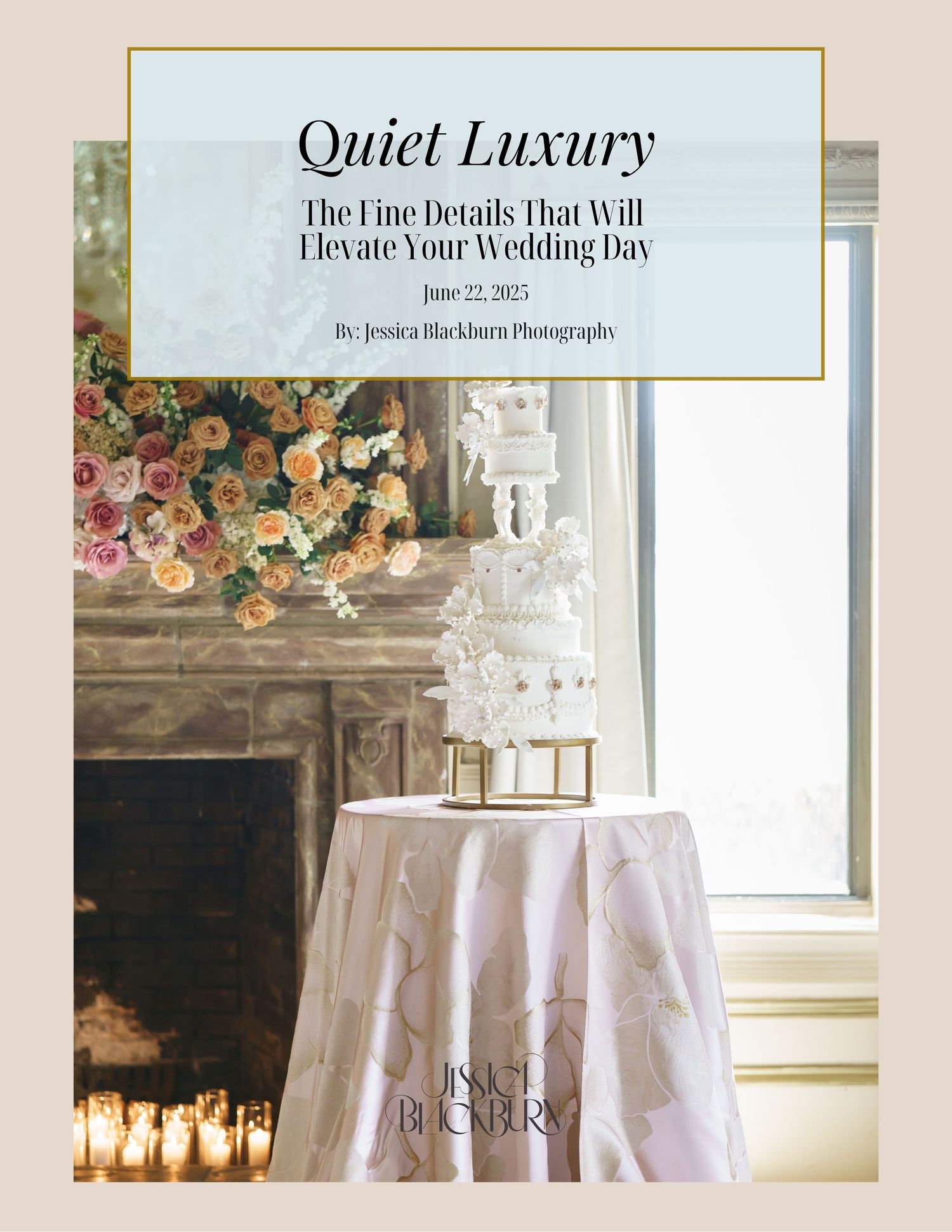 Elegant wedding magazine cover featuring 'Quiet Luxury' with floral arrangements and candles by a fireplace.
