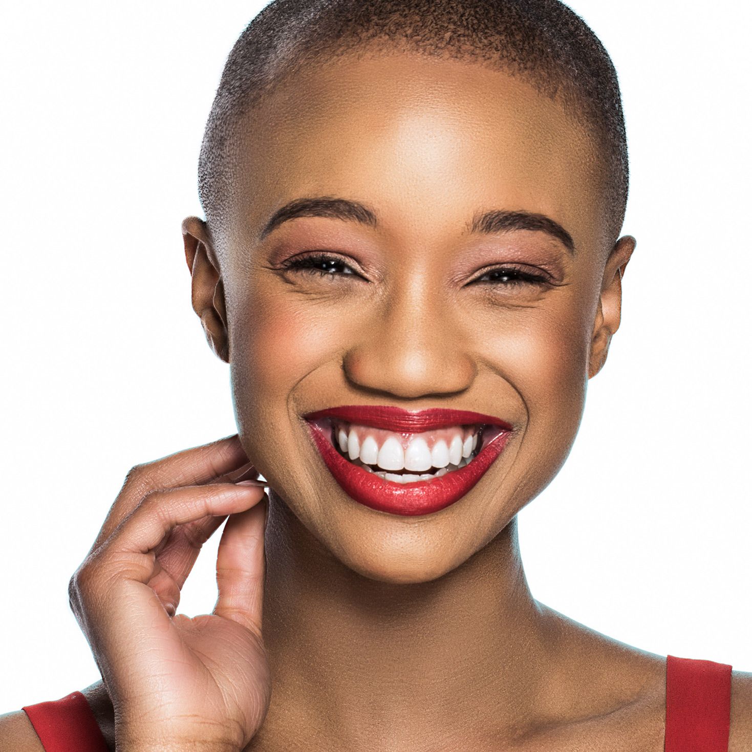 Close-up beauty shots showing radiant glowing skin and bright red lipstick against a white background.
