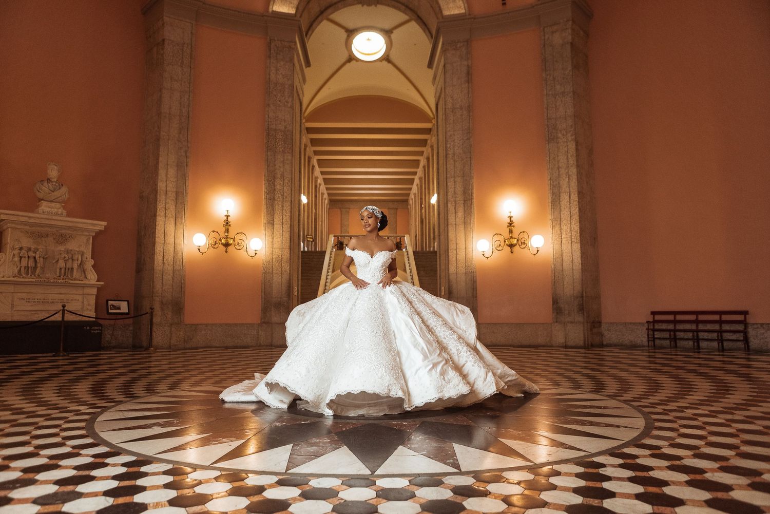 A series of bridal portraits in a grand marble ballroom with elegant light fixtures and checkerboard flooring.