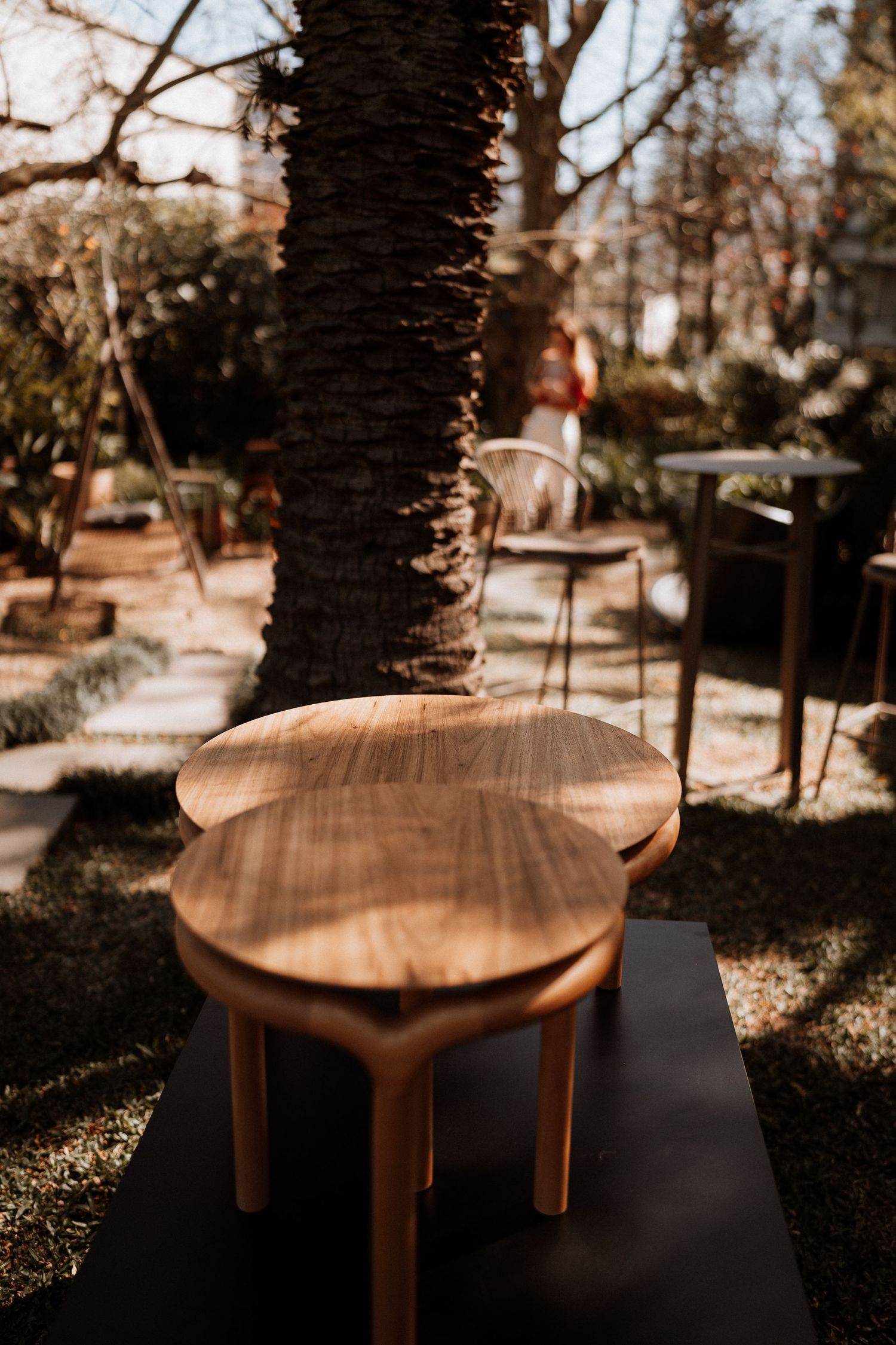 Wooden table top with natural live edge design photographed in warm sunlight against an outdoor background.