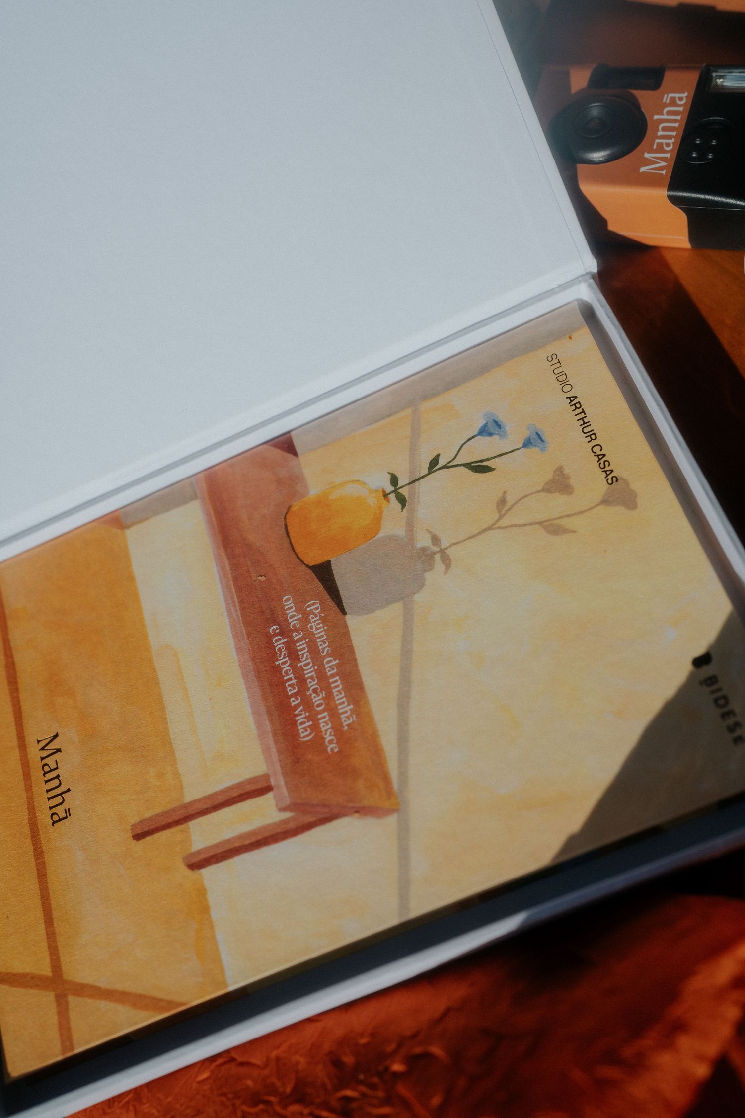 Close-up of an illustrated card or document inside a white folder.