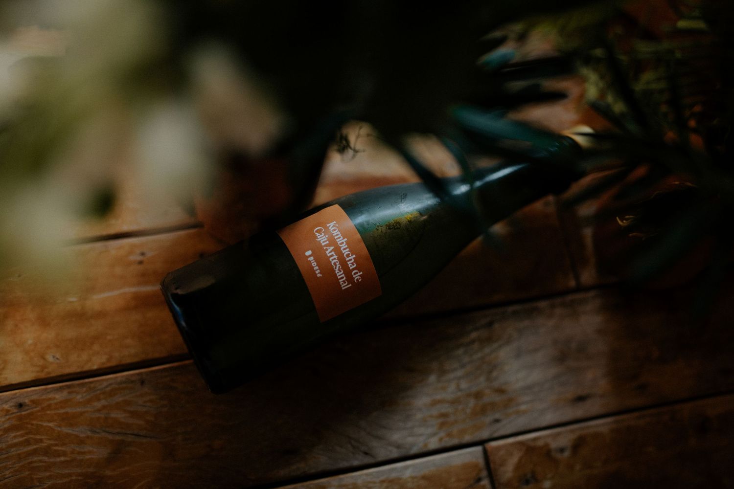 Dark bottle lying on wooden surface in dramatic lighting.