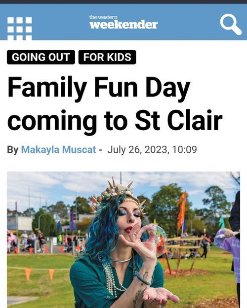 A news article headline about Family Fun Day coming to St Clair with a festive outdoor event photo.