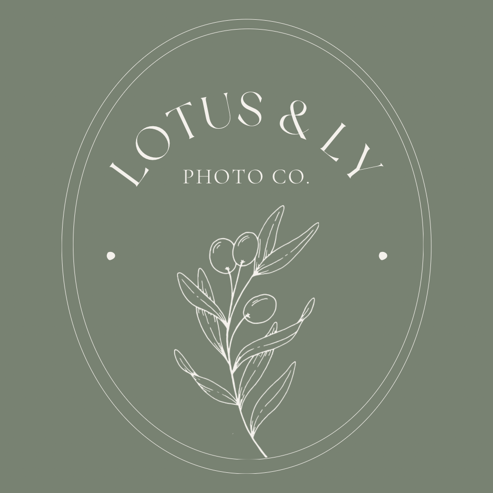 A scenic natural green logo with delicate floral elements and text reading 'LOTUS & LY' in white against an olive background.