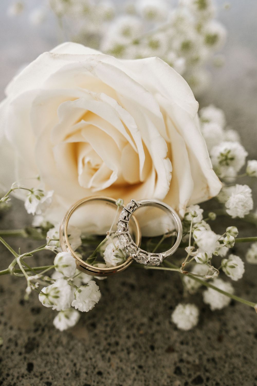 Wedding rings nestled against a cream rose and baby's breath flowers on a dark textured surface.