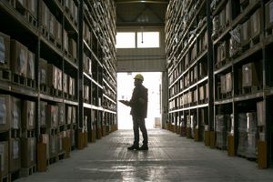Silhouette of warehouse worker standing between tall storage racks.