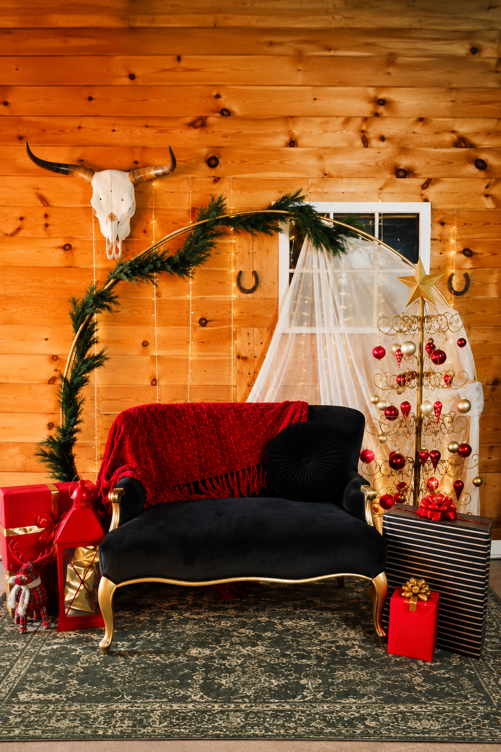 Black velvet sofa with red blanket in rustic Christmas room with decorated tree, gifts, and bull skull wall decor.