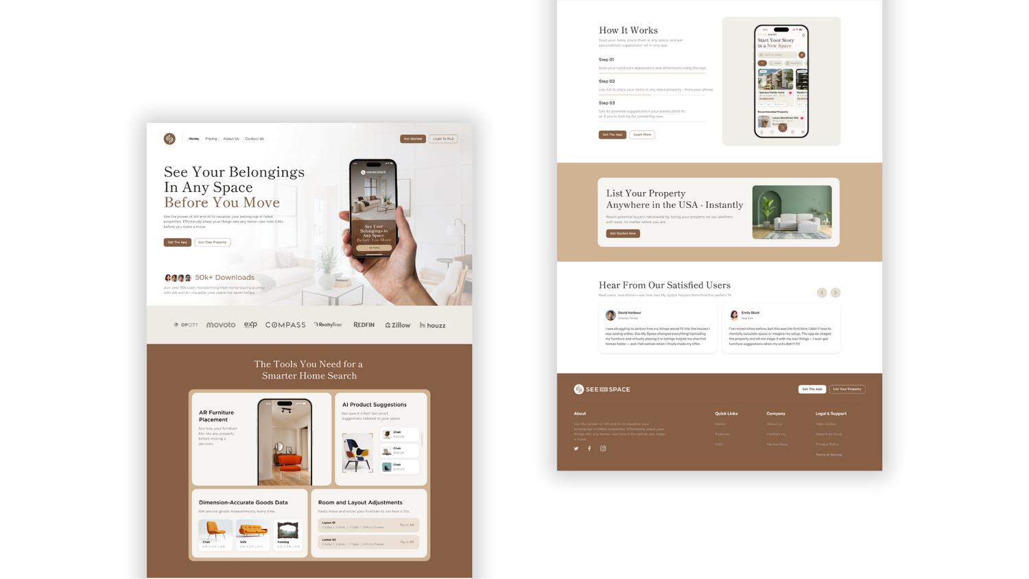 Website mockup layouts showing responsive design in brown and beige color scheme.